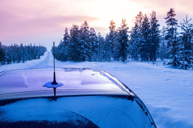 Carretera vacía en el bosque de invierno. Mucha nieve. Puesta de sol reflejada en el techo del coche
