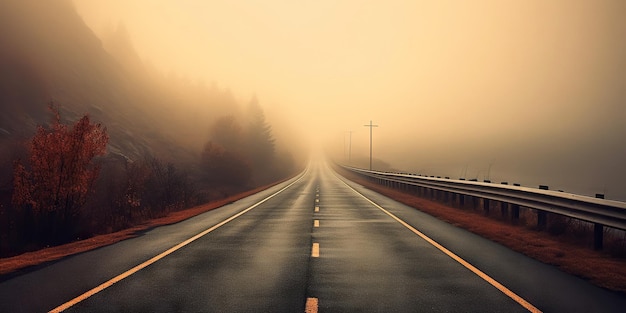 Carretera vacía y brumosa minimalista Autopista brumosa Concepto de viaje misterioso IA generativa