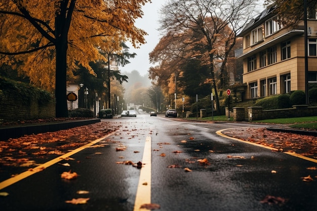 Carretera vacía en la ciudad en otoño