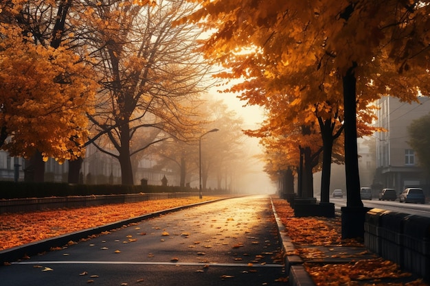 Carretera vacía en la ciudad en otoño