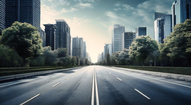 Carretera vacía con edificios y árboles en segundo plano