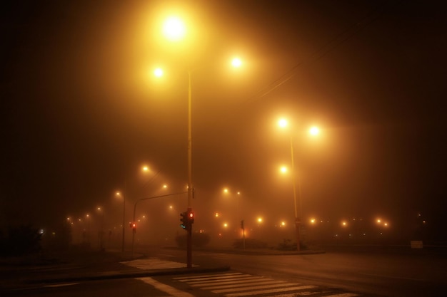 Carretera vacía iluminada en una niebla en la noche