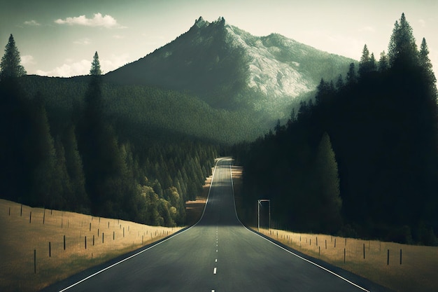 Carretera vacía más allá del horizonte a lo largo de laderas boscosas