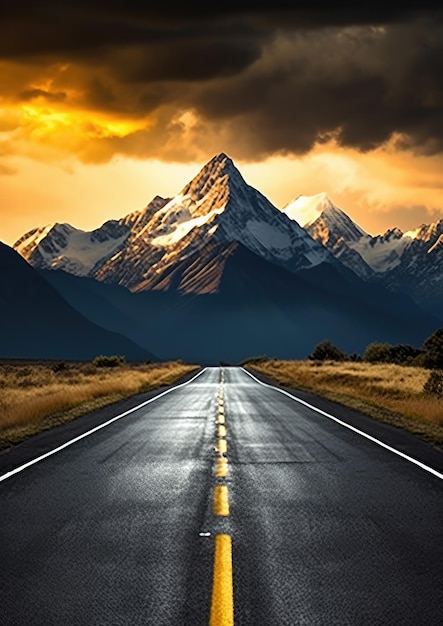 Carretera vacía con montañas en forma en el fondo concepto de viaje al extranjero Papel tapiz de naturaleza