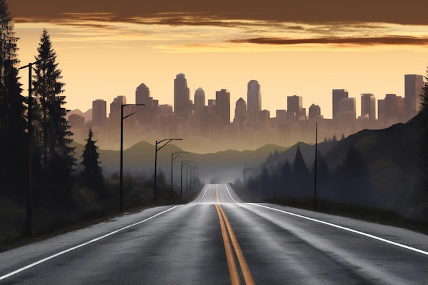 Una carretera vacía que conduce a una ciudad al atardecer