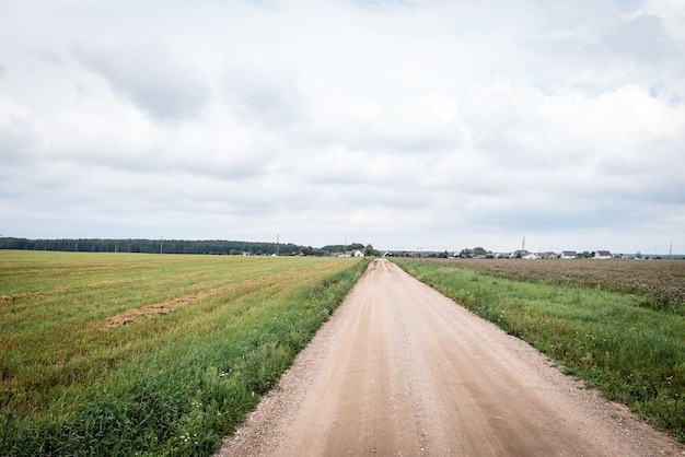 Carretera vacía rodeada por campo de verano