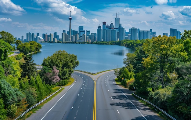 Carretera con vista de la ciudad en el fondo IA generativa