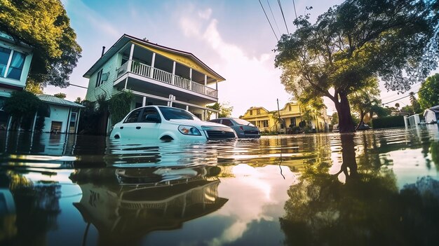 Foto carreteras y casas inundadas en el agua inundaciones desastres naturales generativo ai