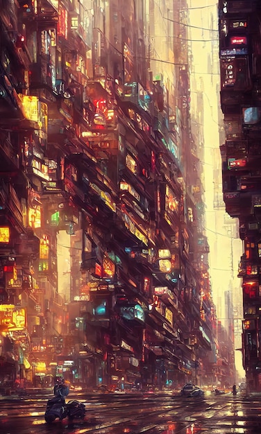 Carreteras de la ciudad Cyberpunk casas brillantes y ventanas de rascacielos de una ciudad fantástica del futuro carteles publicitarios de neón ilustración 3d