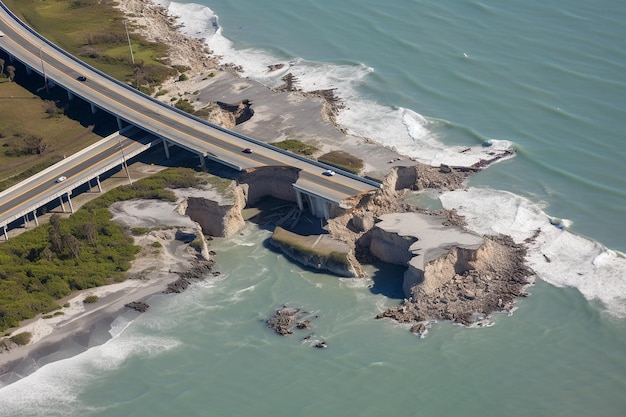 Foto las carreteras costeras arrasadas por la marea de la tormenta y la erosión durante un huracán