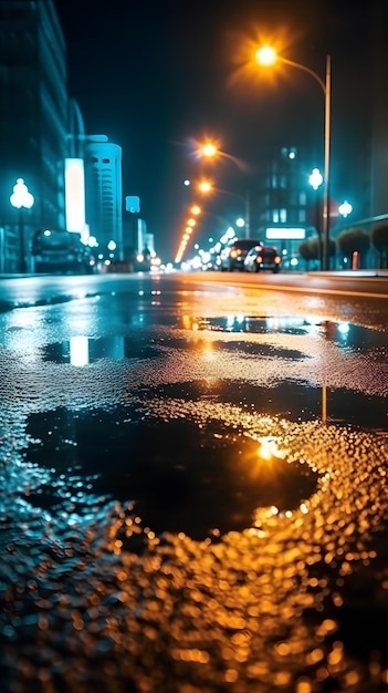 Carreteras radiantes brillan con neón multicolor en los reflejos urbanos