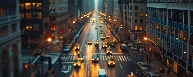 Carreteras urbanas ocupadas desde arriba al anochecer con altos rascacielos y paisaje urbano Concepto paisaje urbano al atardecer rascaciellos urbanos calles ocupadas fotografía aérea