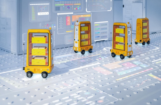 Foto carretes robóticos de entrega o asistentes robóticos para el transporte de productos