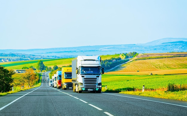 Carretilla en carretera de verano de Polonia. Camionero en carretera. Camión haciendo trabajo de logística. Semirremolque con conductor. Unidad de coche de carga grande. Entrega de carga. Industria del transporte de exportación. Contenedor con mercancías