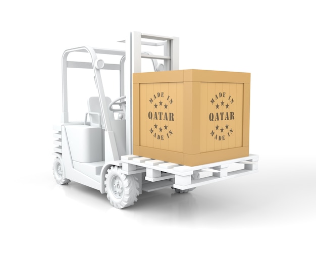 Carretilla elevadora con caja de madera Made in Qatar sobre plataforma. Representación 3D