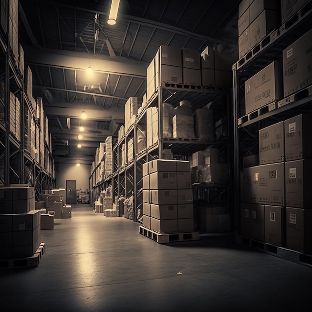 Una carretilla elevadora carga paletas y cajas en estantes en un gran hangar o almacén IA generativa