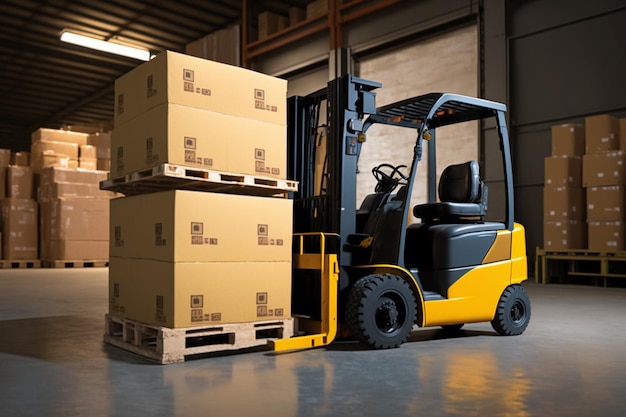 Una carretilla elevadora está en un almacén con una pila de cajas.