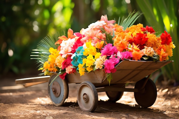 carretilla llena de flores accesorio de vida simple para el día de verano en acuarela de color tropical en