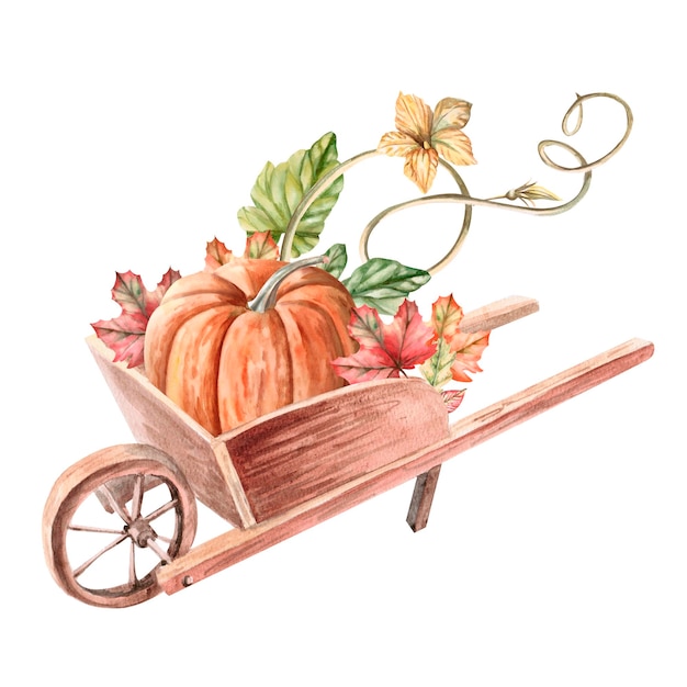 Carretilla de madera con calabaza y hojas de otoño en ilustración de acuarela Composición temática de cosecha para exposiciones y ferias Ilustración aislada del fondo