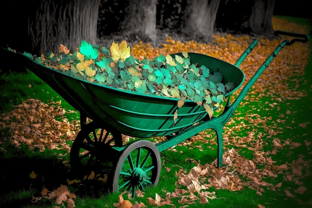 Carretilla de mano verde llena de hojas caídas de otoño en el jardín