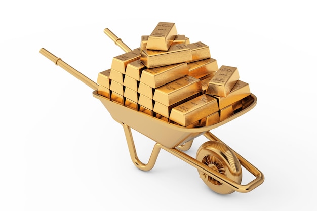 Carretilla de oro de jardinería y construcción llena de barras de oro 3D Rendering