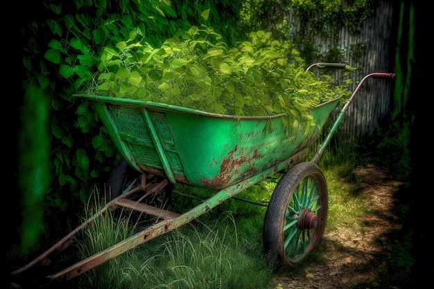 Carretilla verde vieja de dos ruedas cargada con arbustos para plantar