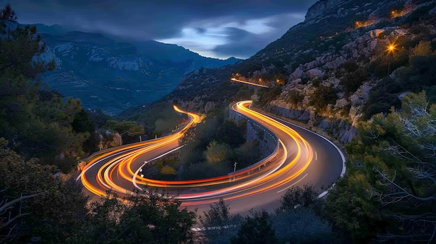 Carriles de luz de coches por la noche en una curva asfalto montañas carretera por la noche imagen de larga exposición