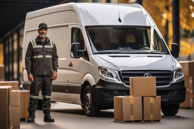 carrinha de serviço de entrega ou de mudança com caixas de papelão para conceito de entrega rápida