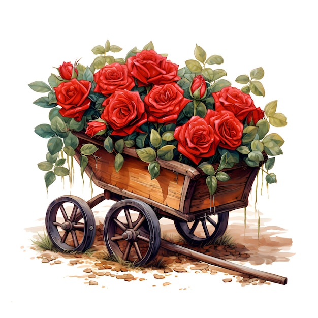 Carrinho com rosas aquarela jardim floral isolado