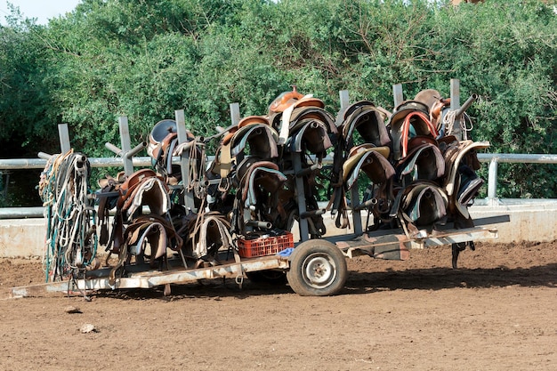 Carrinho com selas para cavalos