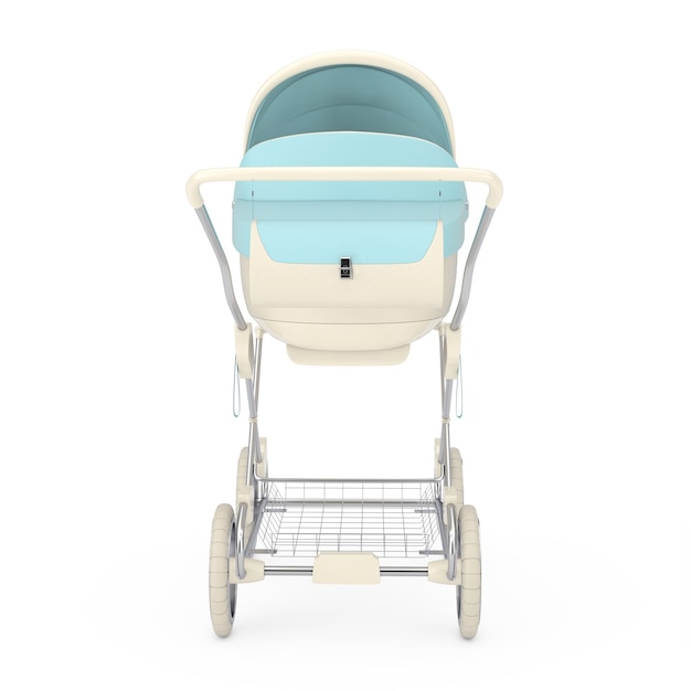 Carrinho de bebê azul moderno, carrinho, carrinho de bebê em um fundo branco. Renderização 3D