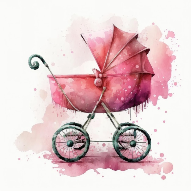 Carrinho de bebê em aquarela rosa ilustração AI Generative