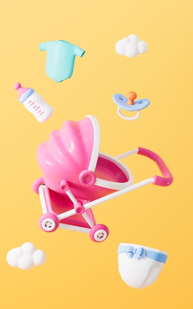 Carrinho de bebê fralda de bebê mamadeira de bebê chupeta de bebê pratos de mesa de bebê e assim por diante produtos de bebê O conceito de compras e comércio eletrônico renderização 3D