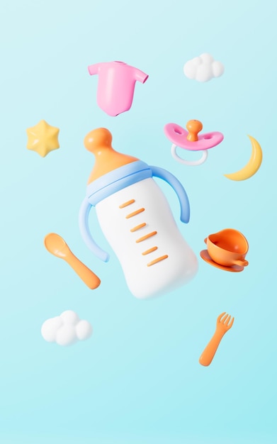 Carrinho de bebê fralda de bebê mamadeira de bebê chupeta de bebê pratos de mesa de bebê e assim por diante produtos de bebê O conceito de compras e comércio eletrônico renderização 3D