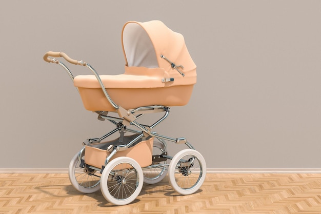 Carrinho de bebê no quarto na renderização 3D do piso de madeira