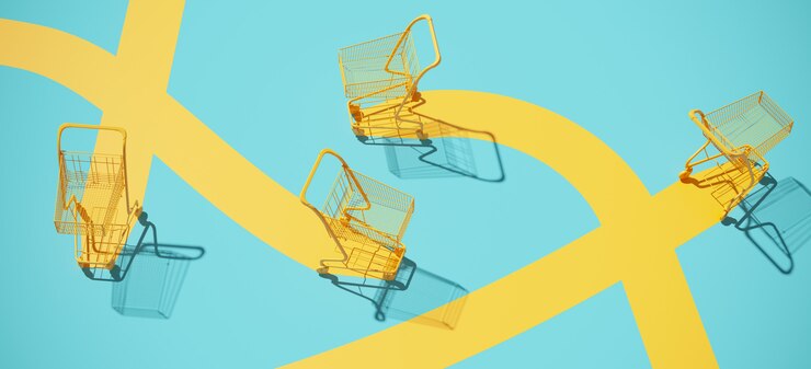 Carrinho de carrinho de compras amarelo e caminho amarelo sobre fundo azul