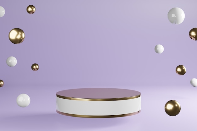 Carrinho de cilindro branco e dourado com decoração em púrpura, display de pedestal pódio, renderização 3D.