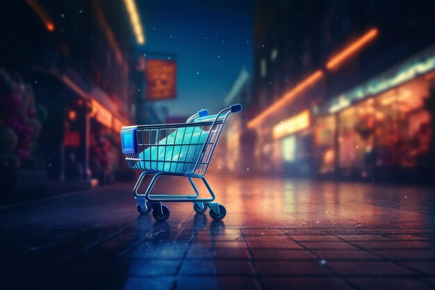 Foto carrinho de compras à noite na rua perto de luzes de néon com um céu nublado