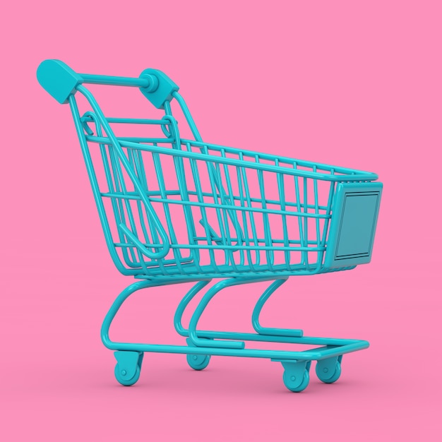 Carrinho de compras azul Mock Up Duotone em um fundo rosa. Renderização 3D