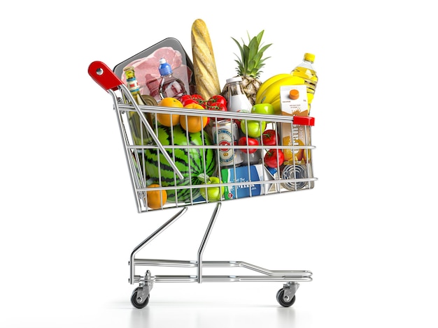 Carrinho de compras cheio de alimentos isolado em branco conceito de mercearia e loja de alimentos