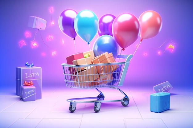 Carrinho de compras cheio de bolsas, caixas e símbolos de desconto