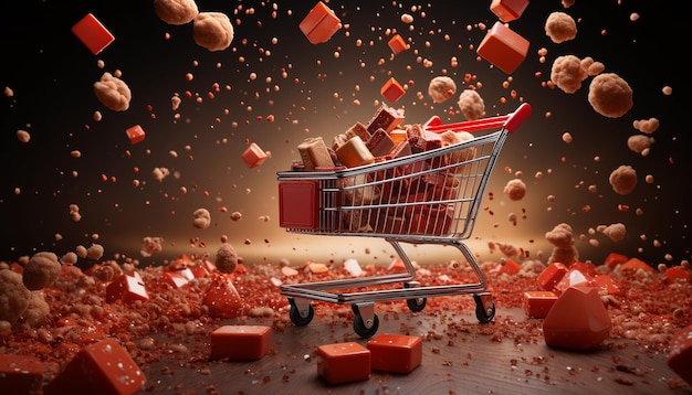 Carrinho de compras cheio de bombons de chocolate e renderização 3D de cubos caindo