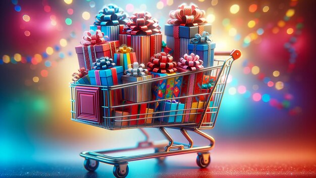 carrinho de compras cheio de caixas de presentes adornadas com fitas e laços contra um backgr borrado colorido