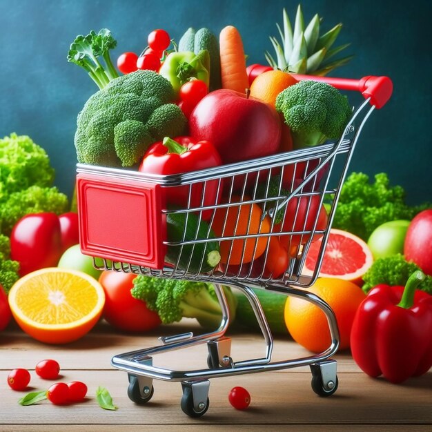 carrinho de compras cheio de frutas coloridas relacionadas a vitaminas e escolhas de dieta saudável