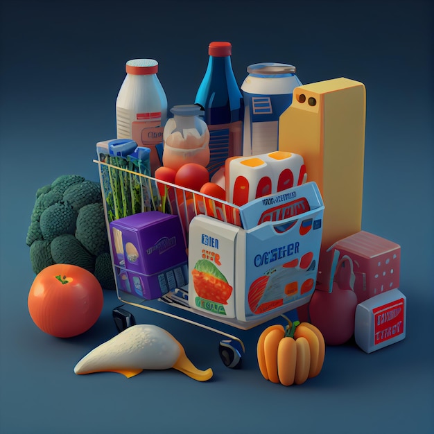 Foto carrinho de compras cheio de ilustração de renderização 3d de produtos alimentícios