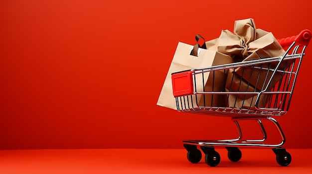 Carrinho de compras com caixa de presentes em fundo vermelho