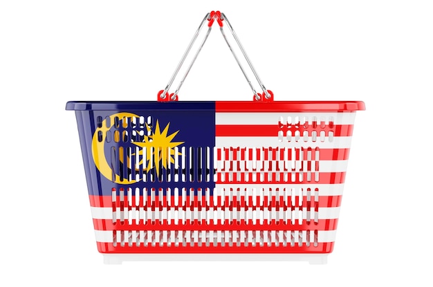 Carrinho de compras com cesta de mercado de bandeira da Malásia ou renderização 3D do conceito de poder de compra isolado em fundo branco