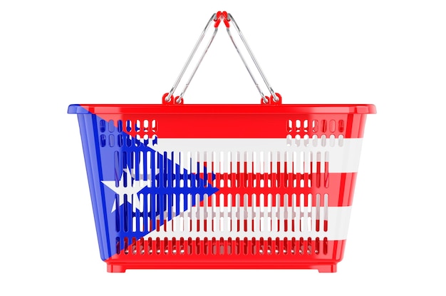 Carrinho de compras com cesta de mercado de bandeira porto-riquenha ou renderização 3D do conceito de poder de compra isolado em fundo branco