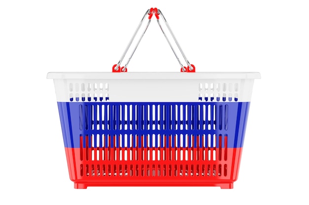 Carrinho de compras com cesta de mercado de bandeira russa ou renderização 3D do conceito de poder de compra