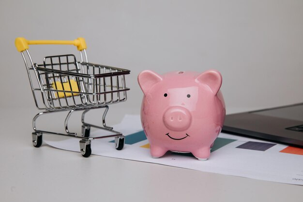 Carrinho de compras com cofrinho e laptop closeup em um fundo cinza Compra de compras on-line e conceito de negócios